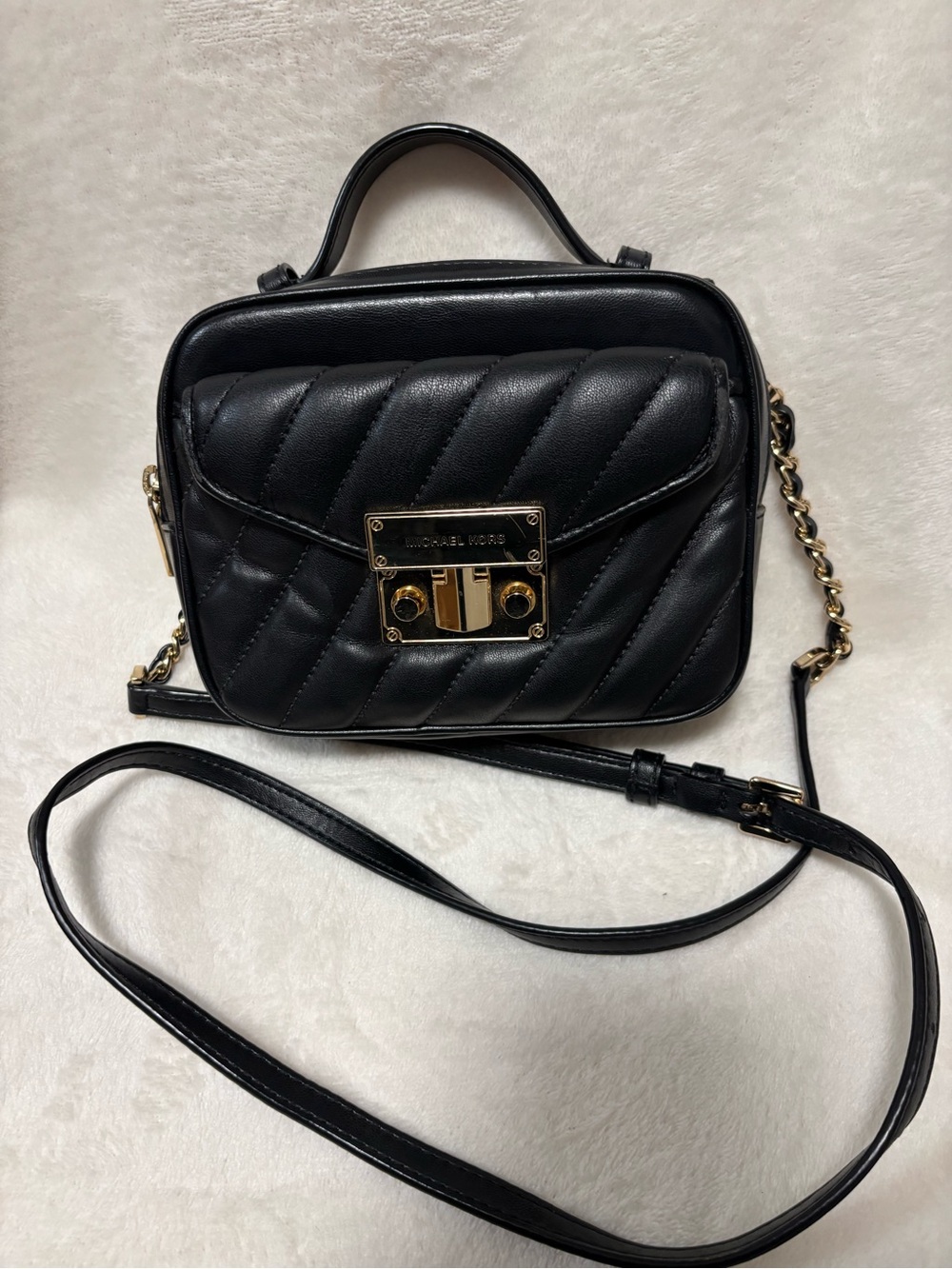 Michael Kors Rose Black Quilted Leather Crossbody Camera Bag with Gold Hardware